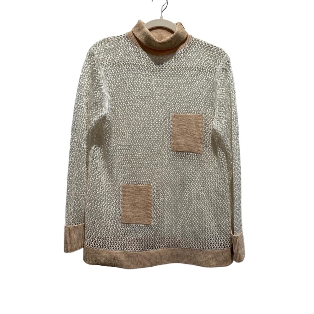 Tibi Size S White Beige Mesh Crochet Knit Turtleneck Long Sleeve Patch Top EUC